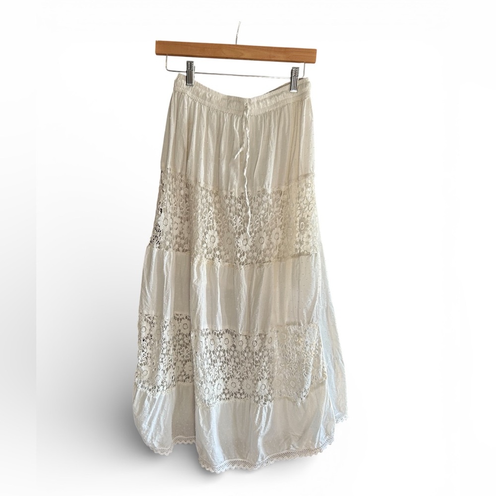VINTAGE White Tiered Peasant Maxi Skirt Cotton‎ Lace Free Size